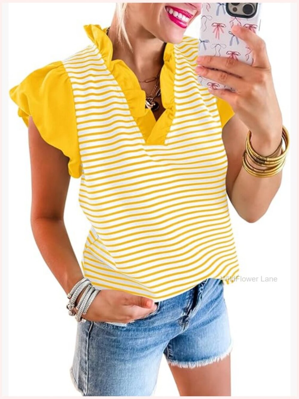 Womens Ruffle Cap Sleeve Tank Top Striped V Neck Pleated Blouse Trendy Summer